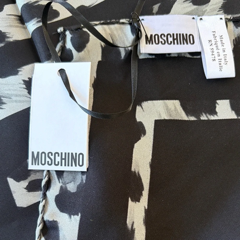 Moschino Leopard Print Silk Scarf Black and White Square NWT
